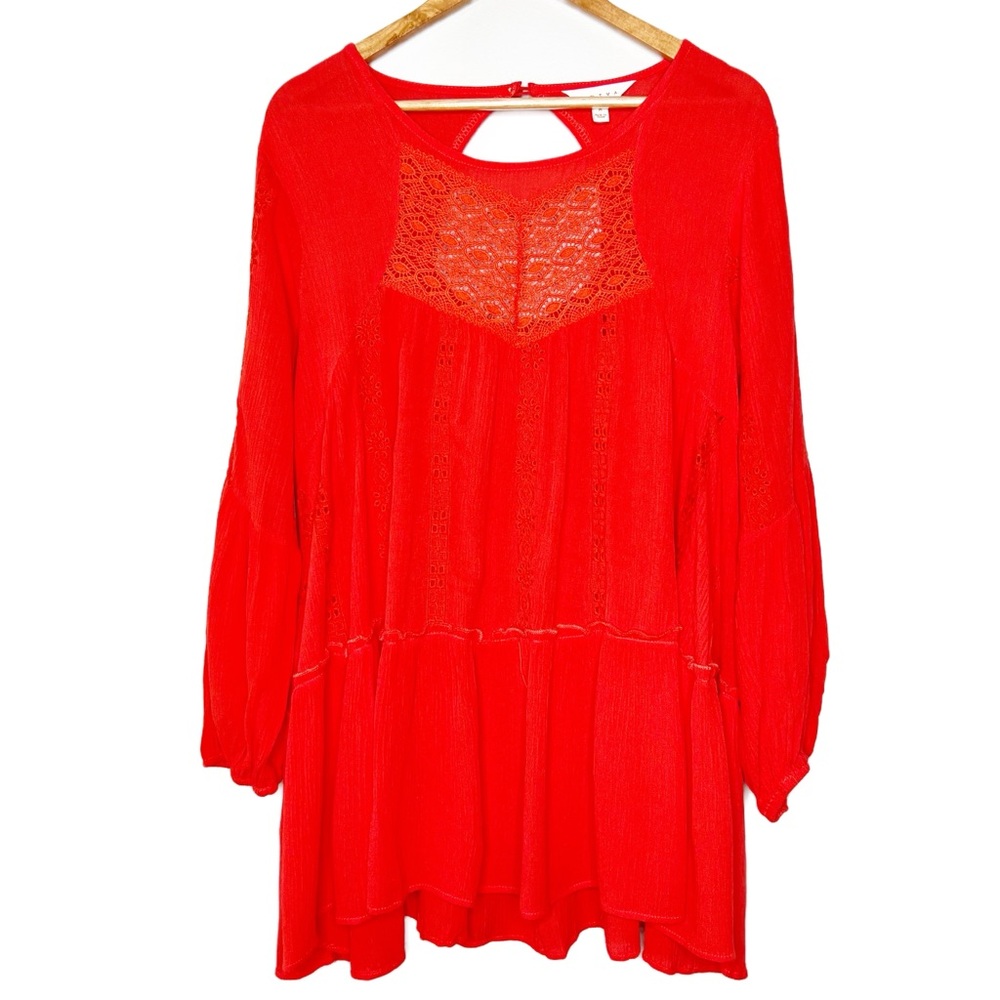 Adiva Bright Red Lace Detail Tiered Boho Peasant Tunic Top Women's‎